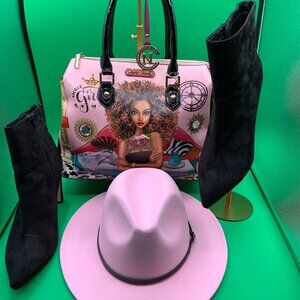 🖤💗 Nicole Girl Power Bundle | Pink Wide-Brim Hat + Black Suede Boots (Sz 11) +